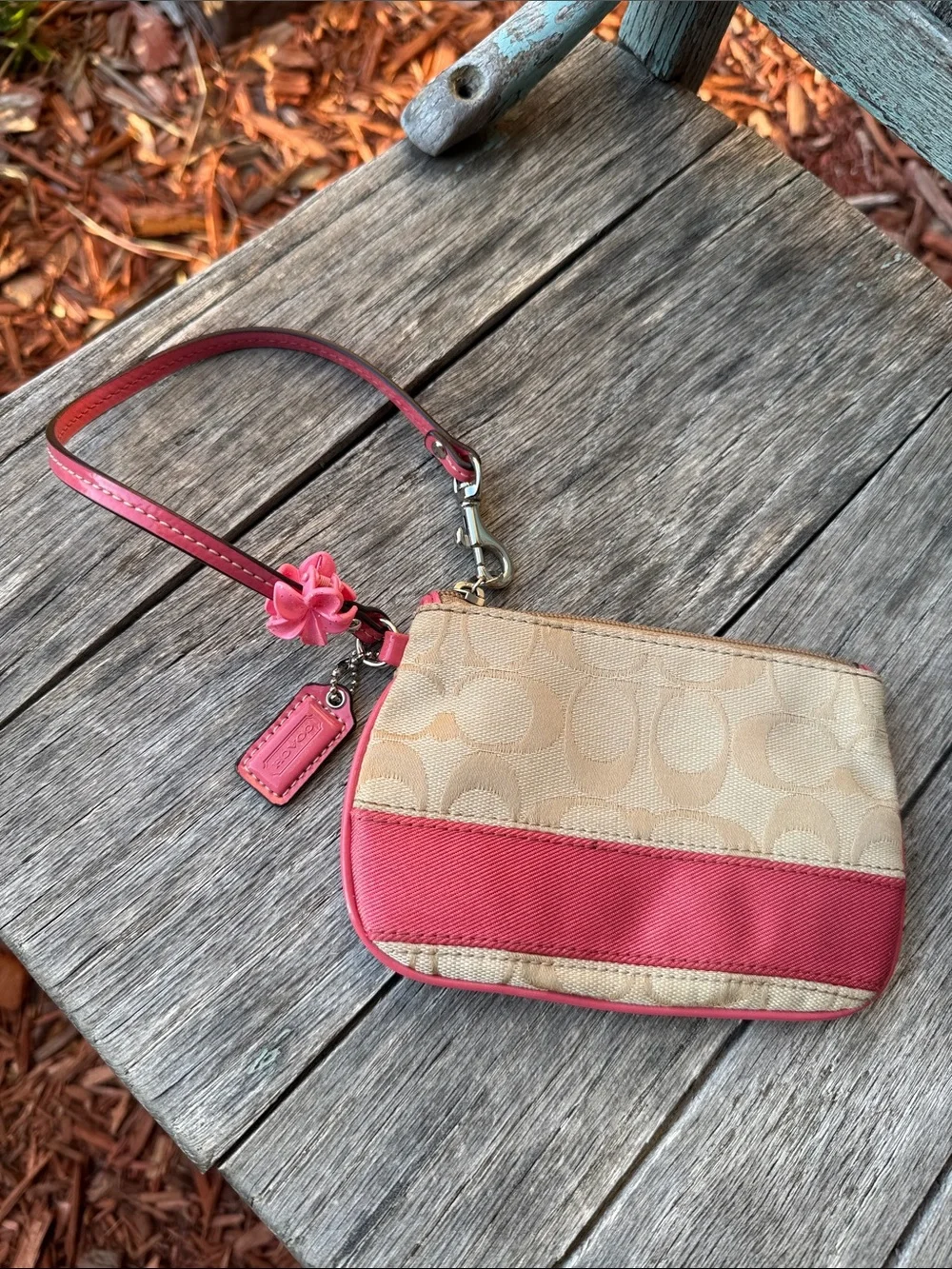 Coach Light Beige Signature C Stripe Wristlet with Pink Trim